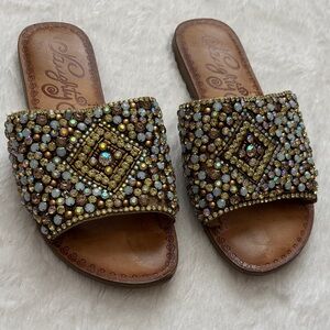 Naughty Monkey Rhinestone Brown Slide Leather Sandals